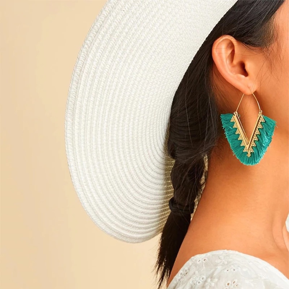 2/$35🖤 Anthropologie Gold Plated Turquoise Blue Fringed Chevron Hoop Earrings
